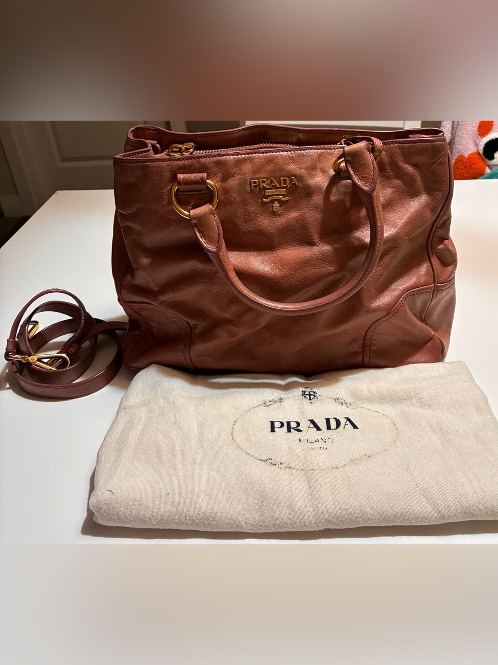 Prada Cognac Leather Tote with Gold Hardware